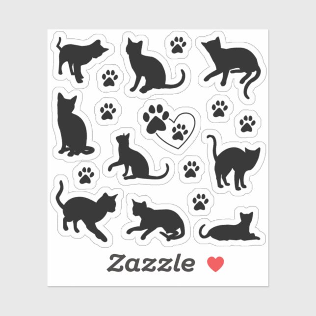 Sticker Ensemble silhouette de chat noir mignon et emprein (Feuille)