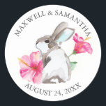 Sticker Enveloppe, Lapin Rose Floral<br><div class="desc">Stickers personnalisés Woodland et Floral avec les noms et la date de l'événement présente une réplique de mon oeuvre originale de fleurs d'hibiscus d'aquarelle et lapin grisé. Peut être utilisé comme scellés d'enveloppe ou autocollants de faveur de partie. Correspondance Papeterie, Bébé Shower Invitations, annonces et plus sont disponibles. Visitez www.zazzle.com/dotellabelle...</div>