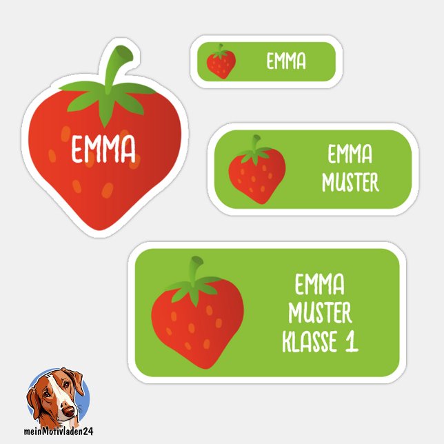 Sticker Erdbeere Namensaufkleber – 24er Set (24 verschiedene Namensaufkleber - Motiv: Erdbeere )