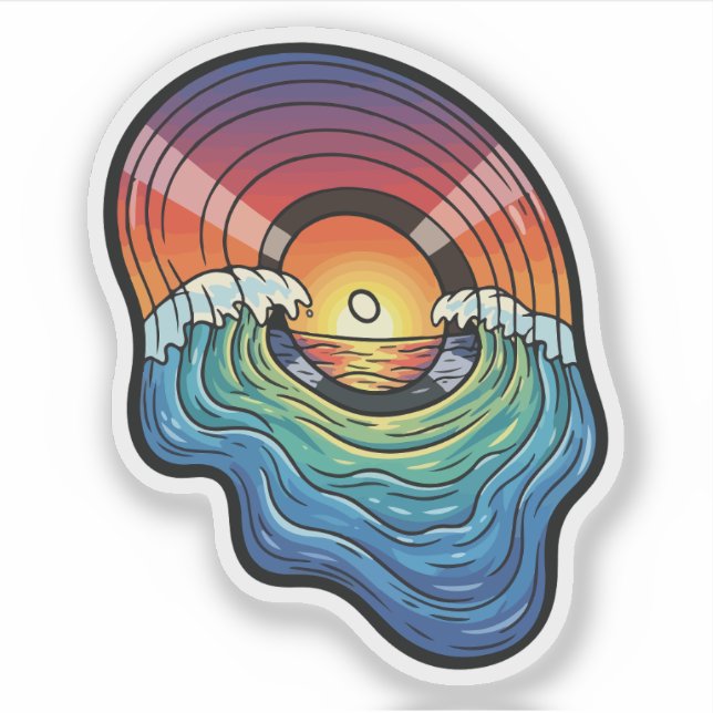 Sticker esthétique vinyle vague coucher de soleil rétro (Devant)