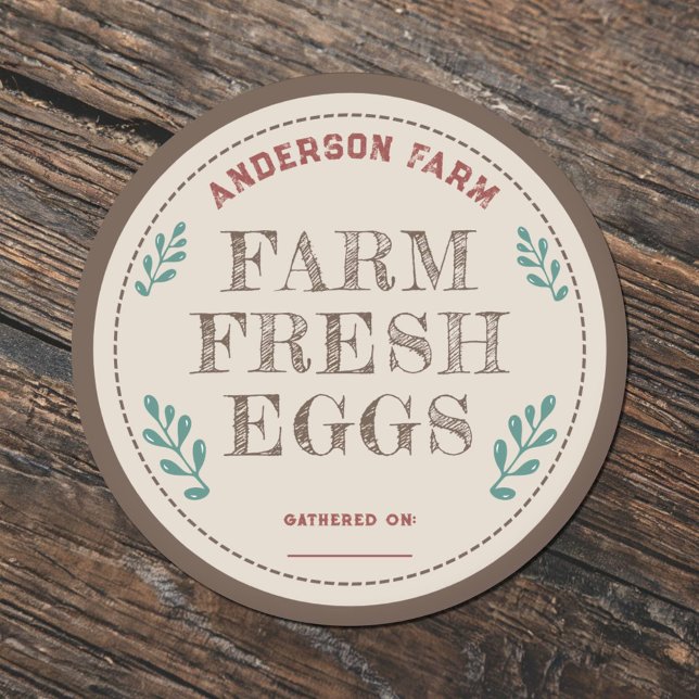 Sticker Étiquette Rustique Farm Fresh Oeufs avec F (Rustic Farm Fresh Eggs Label Sticker with Leaves)
