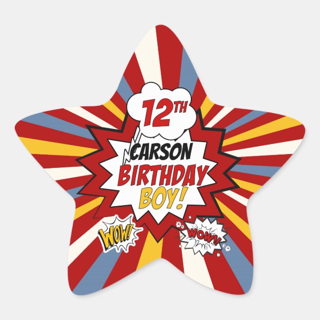 Sticker Étoile 12e anniversaire Boy Superhero Comic avec nom (Devant)