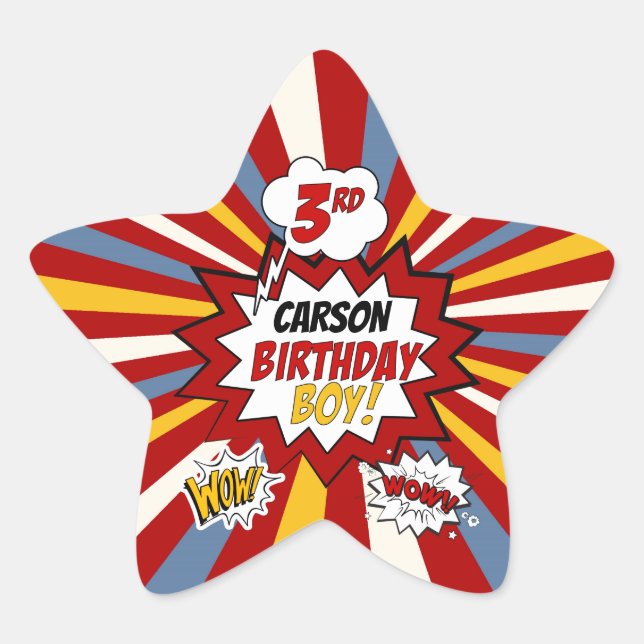 Sticker Étoile 3e anniversaire Boy Superhero Comic avec nom (Devant)