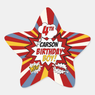 Sticker Étoile 4e anniversaire Boy Superhero Comic avec nom