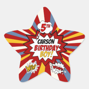 Sticker Étoile 5e anniversaire Boy Superhero Comic avec nom