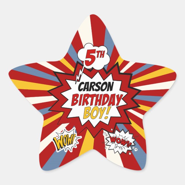 Sticker Étoile 5e anniversaire Boy Superhero Comic avec nom (Devant)