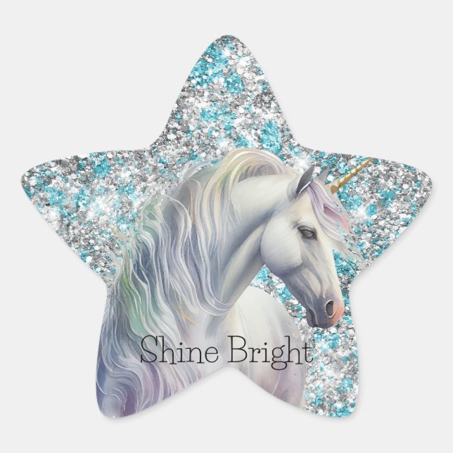 Sticker Étoile Aqua Silver Unicorn Parties scintillant étincelle  (Devant)