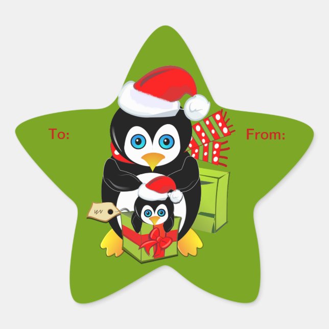 Sticker Étoile Baguette de Noël mignonne avec des pingouins (Devant)