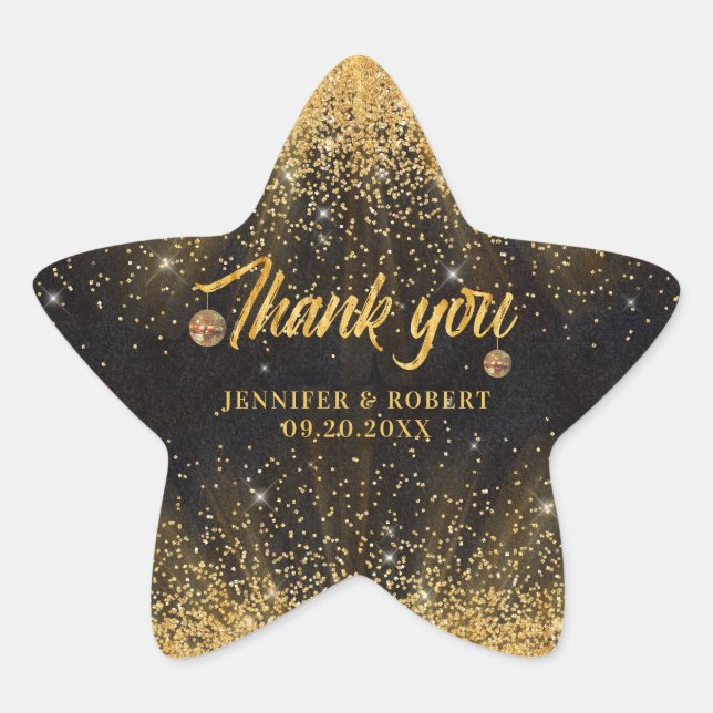 Sticker Étoile Black Gold Glitter Disco Balls Wedding Thank You (Devant)