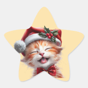 Sticker Étoile Chat de Noël mignon avec chapeau de Père Noël et C