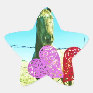 Sticker Étoile Cheval blond et Coeurs rose et rouge