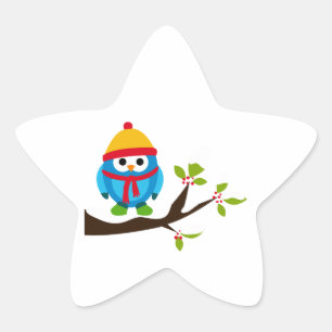 Sticker Étoile Chouette Oiseaux Oiseaux Bleu Casquette Écharpe Ne