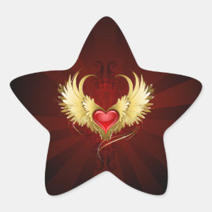Sticker Étoile Coeur rouge avec ailes d'or