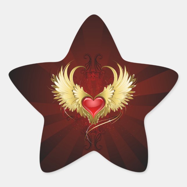 Sticker Étoile Coeur rouge avec ailes d'or (Devant)