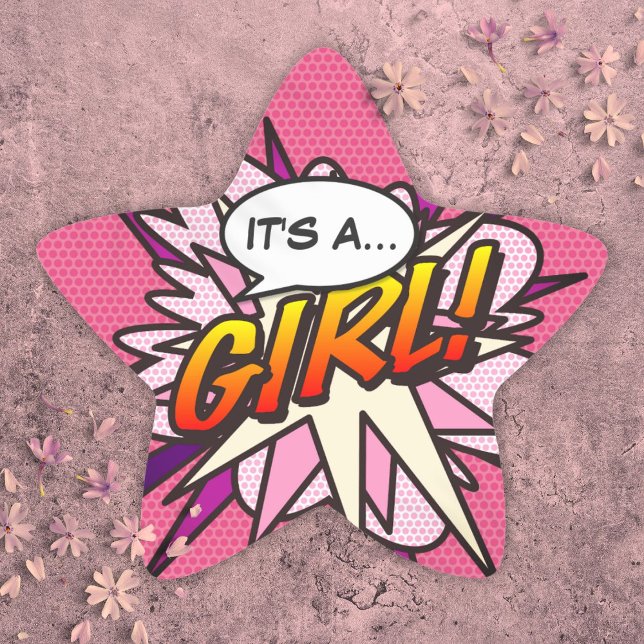 Sticker Étoile Comic Book Pop Art C'EST UNE FILLE Genre Reveal (Its A Girl Fun Comic Book Baby Shower Pink Star Sticker)