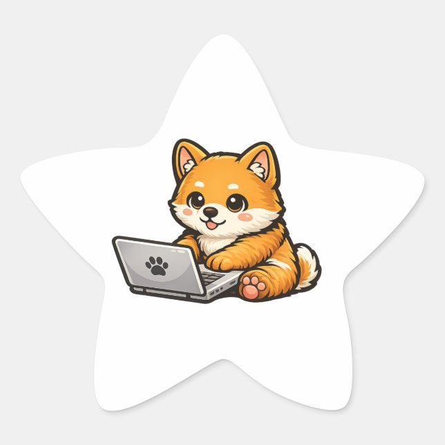 Sticker Étoile Cute Shiba Inu with Laptop – Cozy Dog Design (Devant)