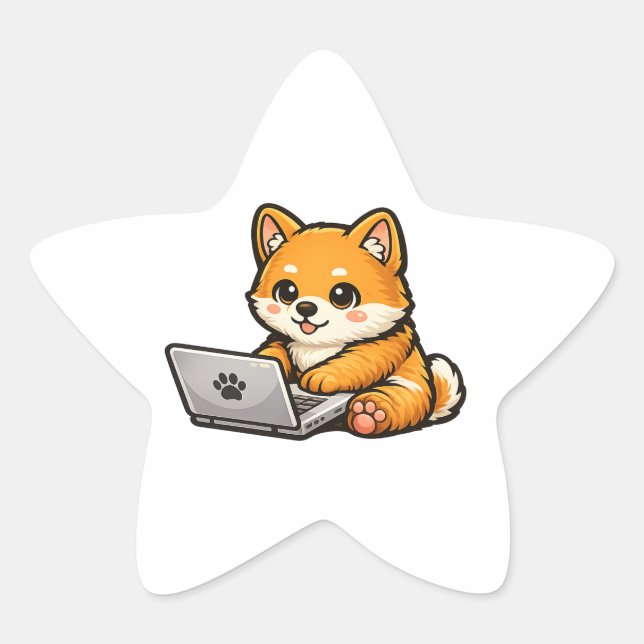 Sticker Étoile Cute Shiba Inu with Laptop – Cozy Dog Illustration (Devant)