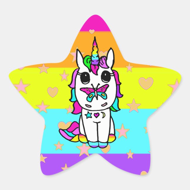 Sticker Étoile Cute Unicorne avec des étoiles et des coeurs papil (Devant)