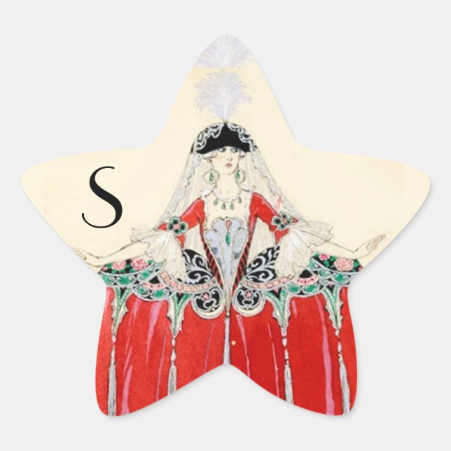 STICKER ÉTOILE DAME EN ROUGE, BEAUTÉ, COSTUME MODE, MONOGRAMME ÉT (Devant)