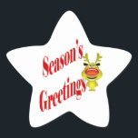 Sticker Étoile Funny Christmas Reindeer "Salutations de saison"<br><div class="desc">Un bébé renne à nez rouge humoristique est debout sur fond blanc avec les mots Salutations de saison à côté de lui. PERSONNALISER L'INFORMATIQUE - Changez la couleur d'arrière-plan à l'un de vos choix personnels en utilisant le bouton "personnaliser". IDÉAL POUR - Famille Noël souhaite à des amis, à la...</div>