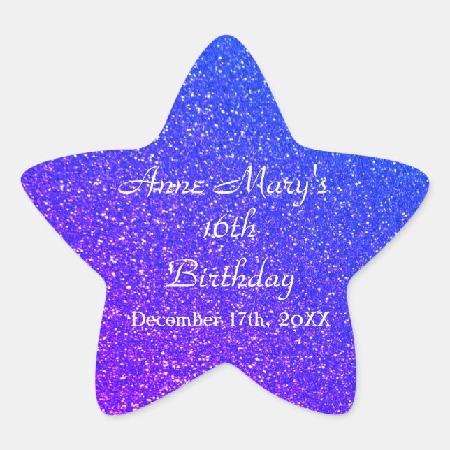 Sticker Étoile Glittery Blue Sparkle 16e anniversaire Nom personn (Devant)