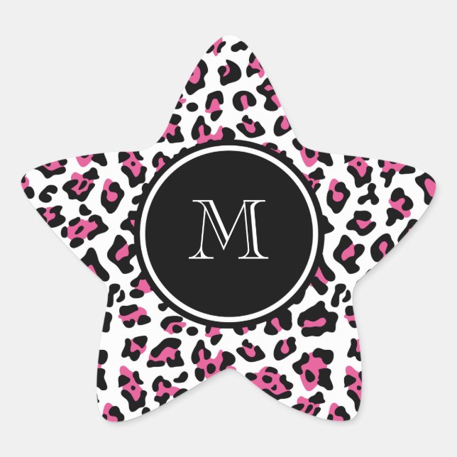 Sticker Étoile Hot Pink Black Leopard Animal Print with Monogram (Devant)
