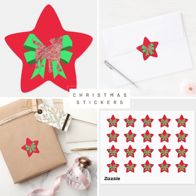 Sticker Étoile Jack Russell Chien Silhouette Green Bow Noël (Jack Russell dog silhouette Star Stickers)