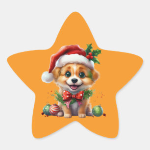 Sticker Étoile Joli chiot de Noël avec le chapeau de Père Noël et