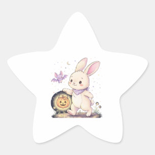 Sticker Étoile Joli lapin d'Halloween avec lanterne citrouille et