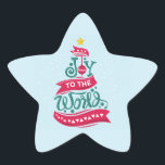 Sticker Étoile Joy to the World Christmas Citation Typographie<br><div class="desc">Stickers avec une illustration amusante et fantaisiste. Design typographique en forme d'arbre de Noël avec quelques ornements de noël et une étoile au-dessus. A l'intérieur sont les mots : Joie au monde.</div>