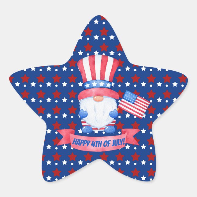 Sticker Étoile Joyeux 4 juillet mignonne Aquarelle Gnomes Bleu (Devant)