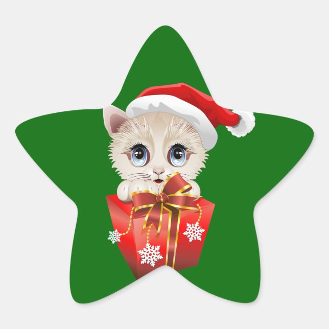 Sticker Étoile Kitten Noël Père Noël avec cadeau (Devant)