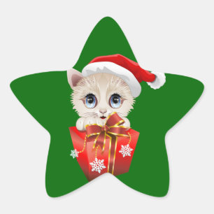 Sticker Étoile Kitten Noël Père Noël avec cadeau