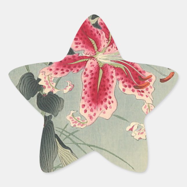 Sticker Étoile Lily et papillons par Ohara Koson (Devant)