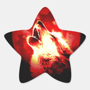 Sticker Étoile Loup, lune et ciel rouge