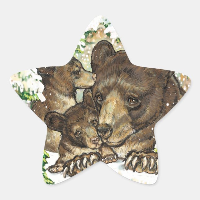 Sticker Étoile Mère et CUB d'ours noir d'art de faune d'hiver (Devant)