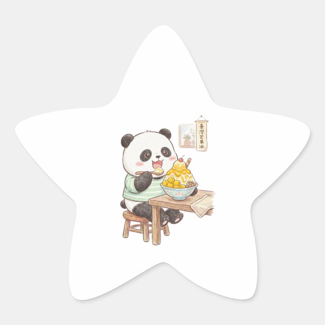 Sticker Étoile Mignon panda mangeant de la glace râpée de mangue  (Devant)
