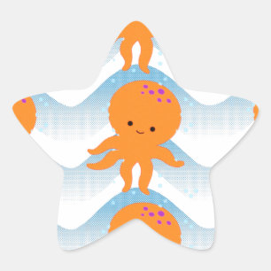 Sticker Étoile Motif Octopus Orange Et Vagues Bleues