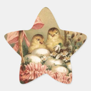 STICKER ÉTOILE PANIER ÉLÉGANT, POULET, FLEURS ET OEUFS DE PÂQUES