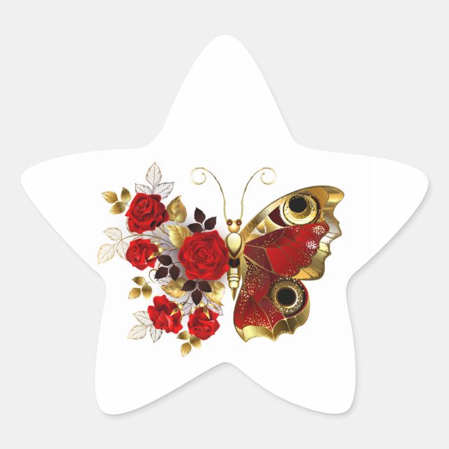 Sticker Étoile Papillon de fleurs rouges aux roses rouges (Devant)