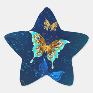 Sticker Étoile Papillons dorés sur fond bleu