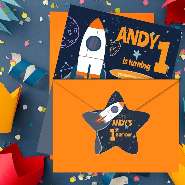 Sticker Étoile Partie d'anniversaire de l'espace extra-atmosphéri (Gender Neutral Outer Space First Birthday Party Star Sticker)