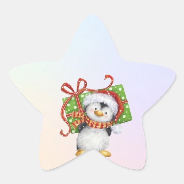 Sticker Étoile Pingouin de Noël avec cadeau - Holiday Deco (Devant)