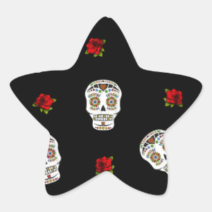 Sticker Étoile RAB Rockabilly Sugar Skulls Roses On Black