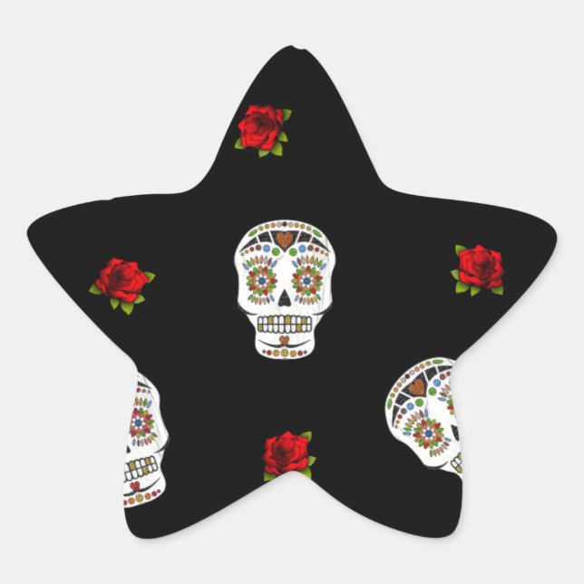 Sticker Étoile RAB Rockabilly Sugar Skulls Roses sur fond noir (Devant)