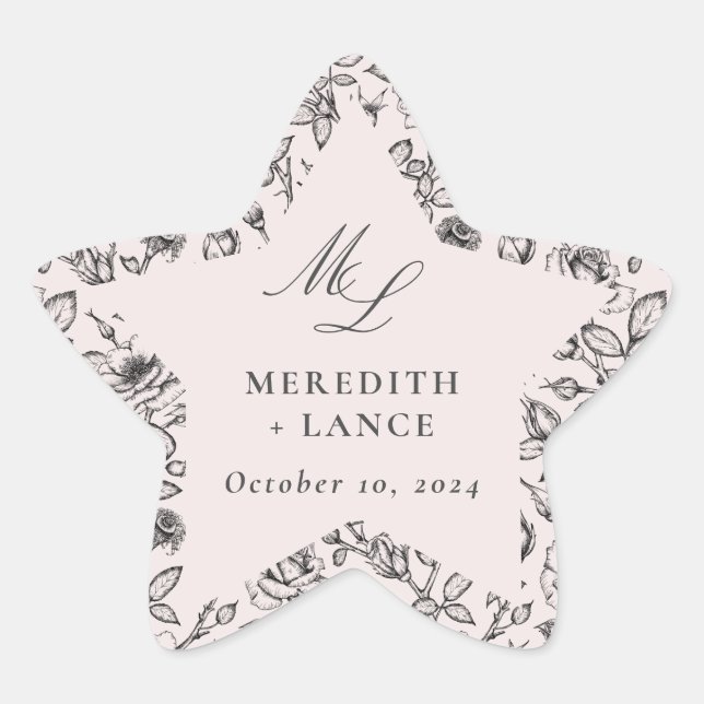 Sticker Étoile Rose rose et noir Monogramme mariage Faveur (Devant)