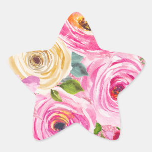 Sticker Étoile Roses aquarelles en rose et crème avec paillettes