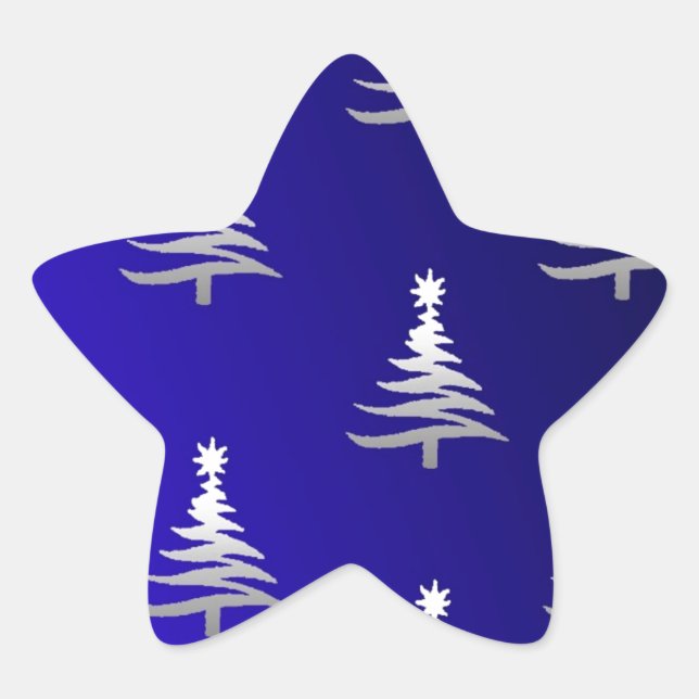 Sticker Étoile Sapins de Noël Argent sur Bleu Cobalt (Devant)