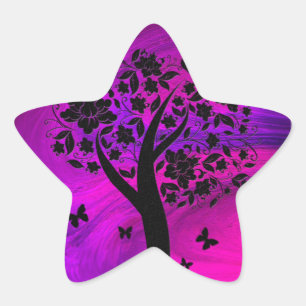 Sticker Étoile Silhouette d'arbre et papillons Art abstrait