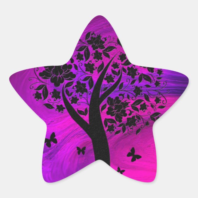 Sticker Étoile Silhouette d'arbre et papillons Art abstrait (Devant)